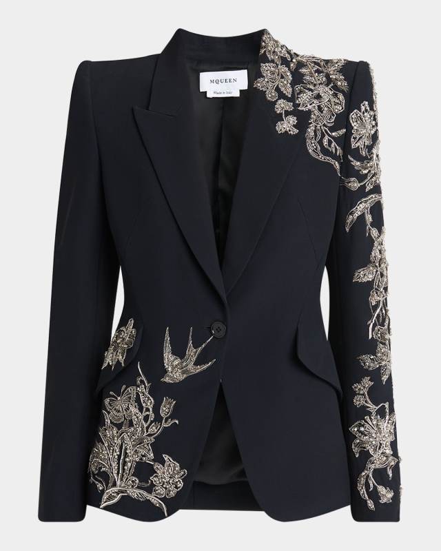 Crystal Embroidered Single-Breasted Blazer Jacket